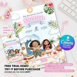 Moana Birthday Invitation Template – Editable Canva Instant Download – Tropical Luau Kids Party