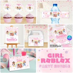 Roblox Girl Bundling Party Set – Pink Gamer Birthday Decoration – Digital Party Topper – Instant Download