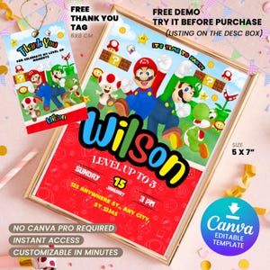 Editable Super Brothers Birthday Invitation Digital - Editable in Canva Printable Download - Video Game Kid Invite - Thank You Card