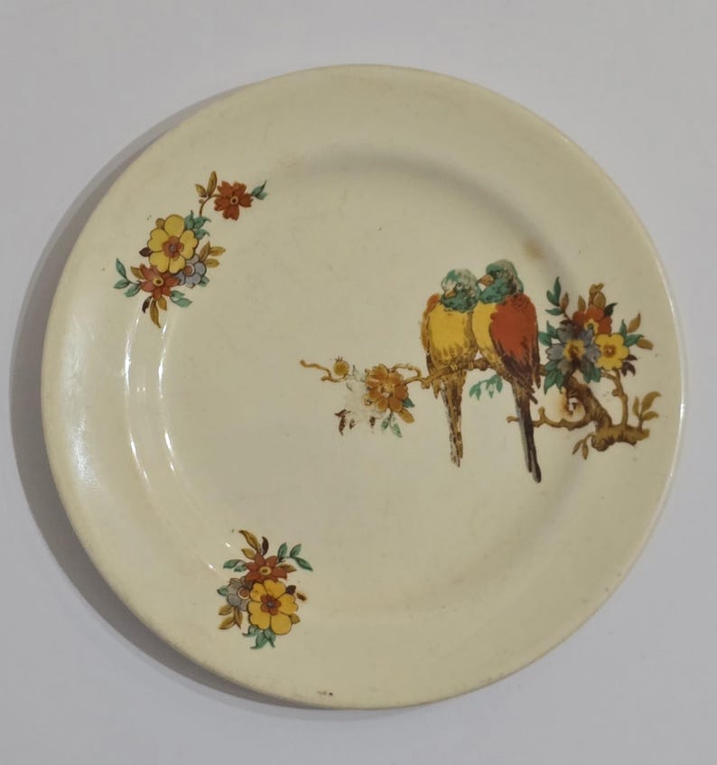 Puede incluir: Plato de cer&aacute;mica color crema con un dise&ntilde;o pintado de dos p&aacute;jaros posados en una rama con flores. Los p&aacute;jaros son amarillos, naranjas y verdes. Acentos florales en amarillo, naranja y azul.
