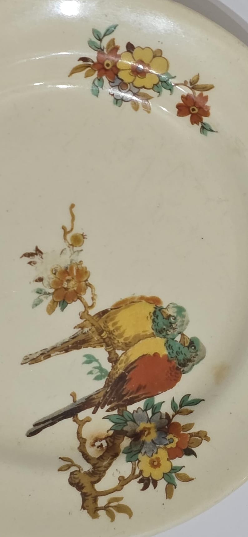 Puede incluir: Plato de cer&aacute;mica color crema con un dise&ntilde;o pintado de dos p&aacute;jaros posados en una rama con flores. Las aves tienen plumaje amarillo, rojo y verde. Acentos florales en amarillo, naranja y azul.