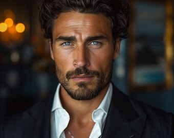Dark AI Male Model, Man Cover Model, AI Photography, Man Portrait, Male Portrait, Ai art, Handsome Man, Black Suit, Digital Print