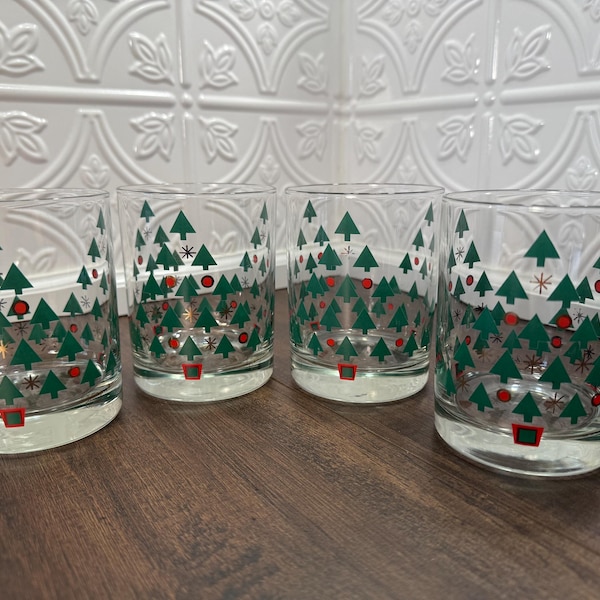 Vintage Georges Briard Signed Mid-Century Christmas Tree Double Old Fashion Glasses | Set of 4 | Vintage Christmas Decor