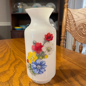 Vintage White Floral Vase with Red, Blue & Yellow Flowers