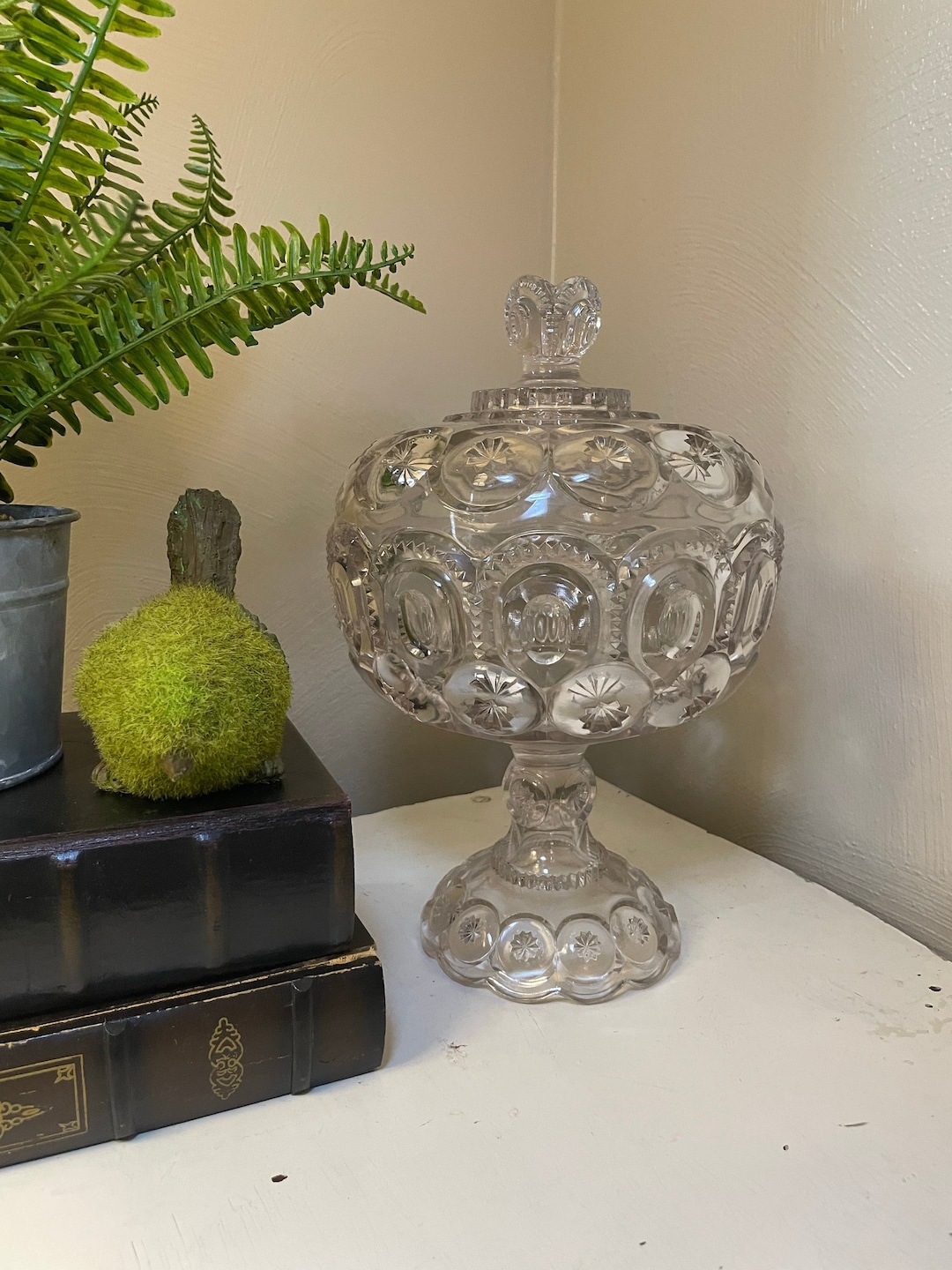 L.E. Smith 12" Clear Glass Moon and Stars Large Footed Compote/candy ...