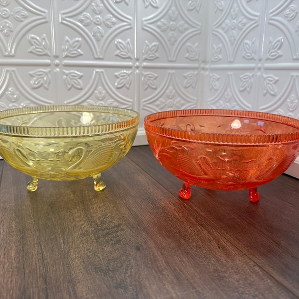 Vintage Regaline Footed Orange and Yellow Plastic Bowls with a Swan in Reeds Design | Made in the USA | Design 158 | Sold Individually