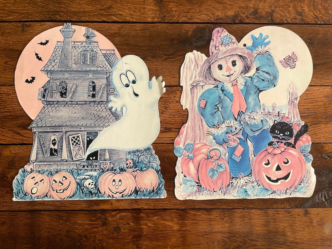 Vintage Halloween Die Cut Decorations - Set of 2 - Scarecrow in Pumpkin ...