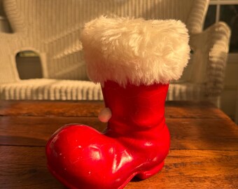 Vintage Red & White Styrofoam Santa Boot with Furry Cuff and White Pom Pom | Made in Japan | Planter | Christmas Decor
