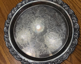 Vintage Round 12" Oneida Silver Plated Serving Tray with Ornate Etched Design | Made in USA
