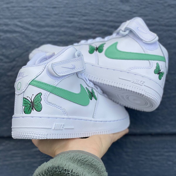 Custom Painted Air Forces 1 Light Green Swoosh Butterfly - Butterflies - Hand Painted AF1 - Butterfly Forces