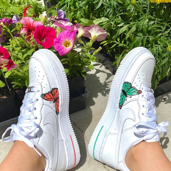 Custom Painted Air Forces 1 Coral and Teal Butterfly - Butterflies - Hand Painted AF1 - Butterfly Forces