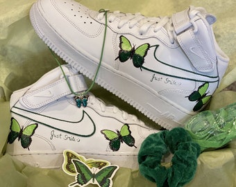 Custom Painted Air Forces 1 Green Butterfly - Butterflies - Hand Painted AF1 - Butterfly Forces