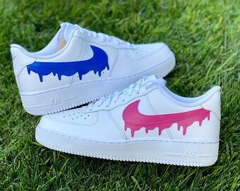 Custom Painted Air Forces 1 Pink and Blue Drip - Gender Reveal - Hand Painted AF1 - Drip Forces