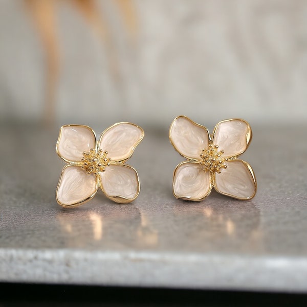 Hibiscus flower earrings for women and girls, drop glaze, stainless steel, vintage gold , wedding gifts for her,gift for sister, gift spring