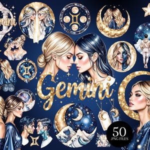 May include: Digital art featuring Gemini zodiac sign illustrations. The artwork includes portraits of women and couples, celestial elements, and the word "Gemini" in gold glitter. The color palette is primarily navy blue and gold.