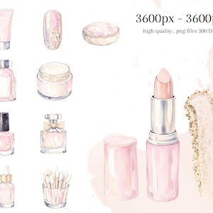 May include: Watercolor illustration of various beauty products in shades of pink and gold. Includes a tube of cream, nail polish, a compact, perfume bottles, lipstick, and a makeup swatch. The image is labeled "3600px - 3600px high quality . png files 300 DPI."
