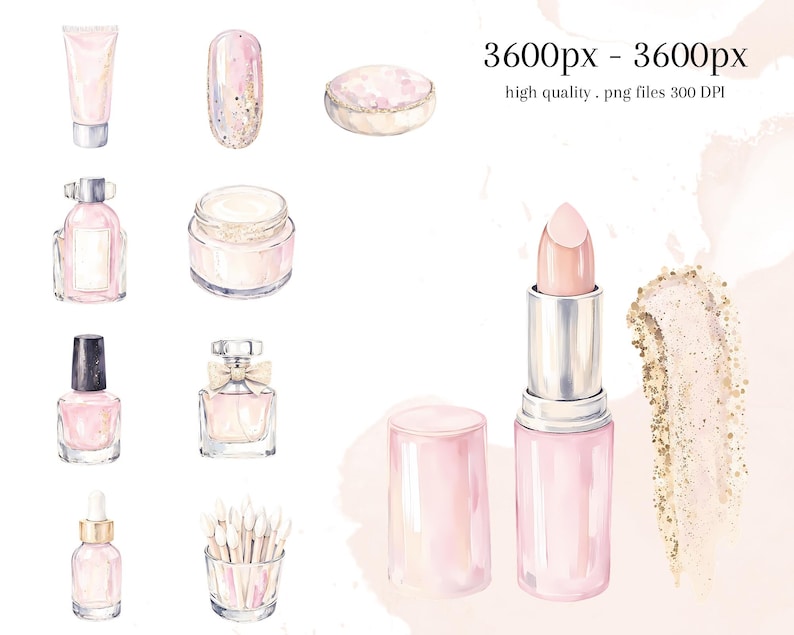 May include: Watercolor illustration of various beauty products in shades of pink and gold. Includes a tube of cream, nail polish, a compact, perfume bottles, lipstick, and a makeup swatch. The image is labeled "3600px - 3600px high quality . png files 300 DPI."