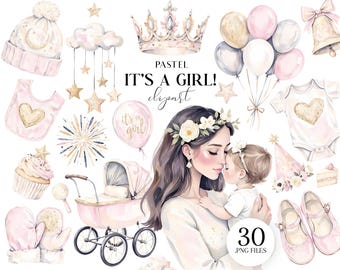 Watercolor It’s a Girl Clipart Set, Baby Shower PNG, Newborn Girl Illustrations