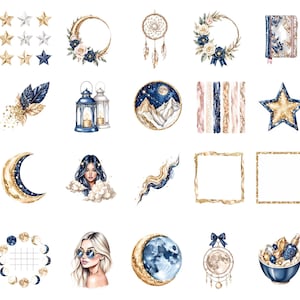 Pode incluir: Uma cole&ccedil;&atilde;o de ilustra&ccedil;&otilde;es em aquarela com temas celestiais e m&iacute;sticos. Inclui estrelas, luas, apanhadores de sonhos, uma mulher, um di&aacute;rio e outros elementos decorativos em tons de ouro, azul e branco.