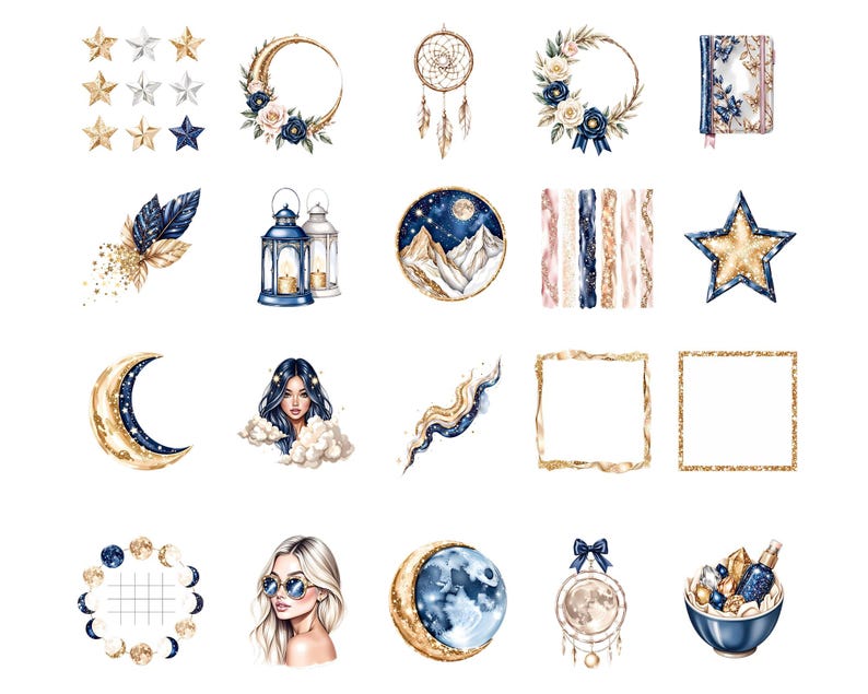 Pode incluir: Uma cole&ccedil;&atilde;o de ilustra&ccedil;&otilde;es em aquarela com temas celestiais e m&iacute;sticos. Inclui estrelas, luas, apanhadores de sonhos, uma mulher, um di&aacute;rio e outros elementos decorativos em tons de ouro, azul e branco.