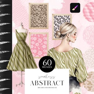 May include: Digital artwork showing a woman with blonde hair, wearing a green and white patterned top. The image includes a green striped dress on a mannequin, framed floral patterns, and the text "seamless ABSTRACT BRUSHES FOR PROCREATE".