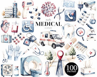 May include: Watercolor medical clipart set featuring a variety of medical tools and symbols, including an ambulance, hospital, thermometer, and pills. The text "MEDICAL" is displayed prominently. Includes 100 .PNG files.