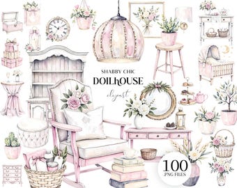 Shabby Chic Dollhouse Clipart Set, Pink Vintage Home Decor PNG