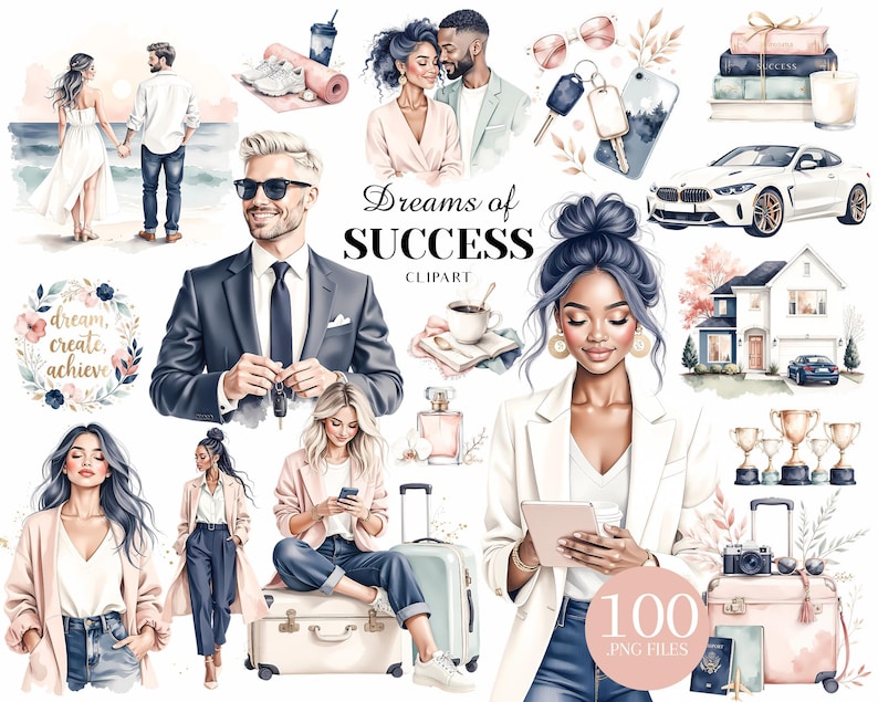 May include: A watercolour clipart set with illustrations of couples, a car, a house, a suitcase, and a woman with a tablet. The text "Dreams of SUCCESS" is displayed. The set includes 100 PNG files.