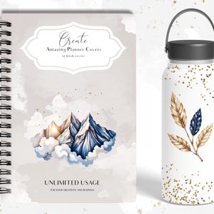 Pode incluir: Um planejador em espiral com um design de montanha em aquarela e o texto "Create Amazing Planner Covers or book covers". Um copo branco com um design de folha e detalhes de glitter dourado. O texto diz "create designs for tumblers".