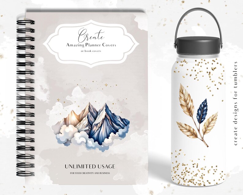 Pode incluir: Um planejador em espiral com um design de montanha em aquarela e o texto "Create Amazing Planner Covers or book covers". Um copo branco com um design de folha e detalhes de glitter dourado. O texto diz "create designs for tumblers".
