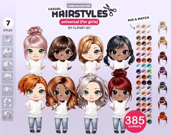 Chibi Hair Clipart: Casual Girl Cake, Puppen-Frisuren (PNG Digital Download)