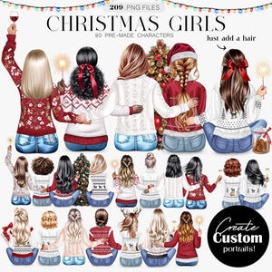 May include: Digital illustration featuring multiple female figures in holiday sweaters and jeans, with various hairstyles. The image includes the text "CHRISTMAS GIRLS" and "Create Custom portraits!" with options for skin tones and pre-made characters.
