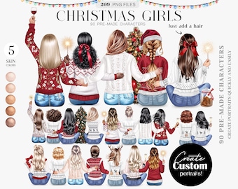 May include: Digital illustration featuring multiple female figures in holiday sweaters and jeans, with various hairstyles. The image includes the text "CHRISTMAS GIRLS" and "Create Custom portraits!" with options for skin tones and pre-made characters.