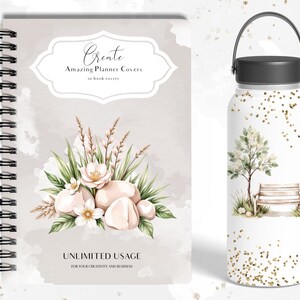 May include: A spiral-bound planner cover and a white tumbler. The planner cover features floral and rock illustrations with the text "Create Amazing Planner Covers or book covers" and "Unlimited Usage". The tumbler has a tree and bench design.