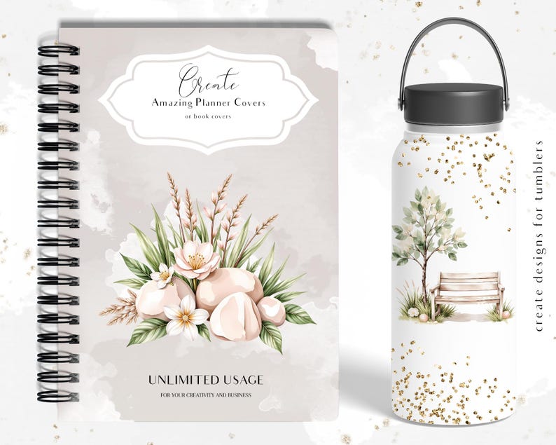 May include: A spiral-bound planner cover and a white tumbler. The planner cover features floral and rock illustrations with the text "Create Amazing Planner Covers or book covers" and "Unlimited Usage". The tumbler has a tree and bench design.