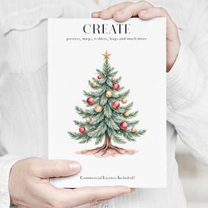 Puede incluir: Una tarjeta blanca con la palabra "CREATE" en la parte superior y el texto "posters, mugs, t-shirts, bags and much more" debajo. Una ilustraci&oacute;n en acuarela de un &aacute;rbol de Navidad con adornos rojos y dorados est&aacute; en el centro. Las palabras "Commercial License Included!" est&aacute;n en la parte inferior.