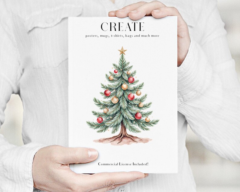 Puede incluir: Una tarjeta blanca con la palabra "CREATE" en la parte superior y el texto "posters, mugs, t-shirts, bags and much more" debajo. Una ilustraci&oacute;n en acuarela de un &aacute;rbol de Navidad con adornos rojos y dorados est&aacute; en el centro. Las palabras "Commercial License Included!" est&aacute;n en la parte inferior.