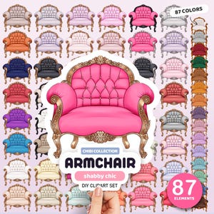 Pode incluir: Um conjunto de clipart digital de 87 ilustrações de poltronas em várias cores. As poltronas são de estilo shabby chic e são perfeitas para projetos de bricolage.