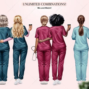 Puede incluir: Cuatro mujeres con batas de diferentes colores, dos con tazas de caf&eacute;, una con un portapapeles y una con un estetoscopio. El texto "UNLIMITED COMBINATIONS! Mix and Match!" est&aacute; en la parte superior de la imagen.