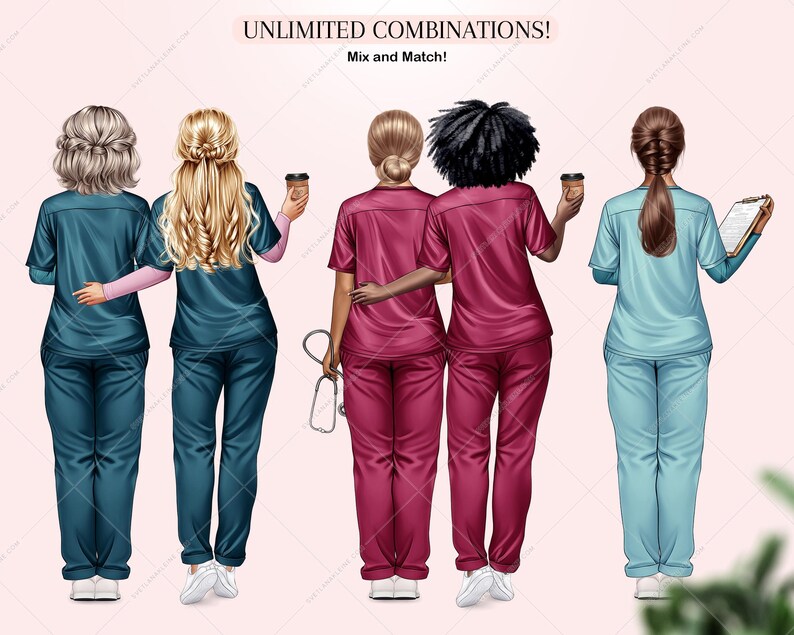 Puede incluir: Cuatro mujeres con batas de diferentes colores, dos con tazas de caf&eacute;, una con un portapapeles y una con un estetoscopio. El texto "UNLIMITED COMBINATIONS! Mix and Match!" est&aacute; en la parte superior de la imagen.