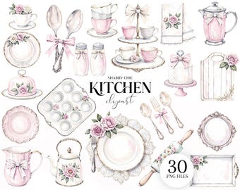 Clipart cucina shabby chic, piatti vintage PNG, illustrazioni floreali pastello sublimate PNG, uso commerciale gratuito
