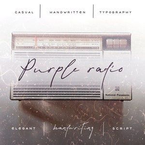 May include: A vintage-style radio with a silver and black finish. The radio has a dial with numbers and a tuning knob. The text "Purple radio" is written in cursive script below the radio. The text "National Panasonic" is printed on the bottom right corner of the radio.