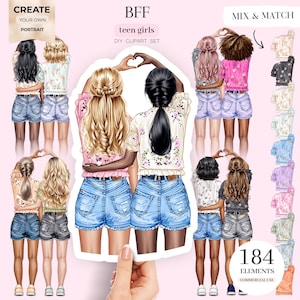 BFF Teen Girls Clipart, Besties Portrait Creator, Custom Clipart, Doll Creator, Back View, Personalizowany prezent