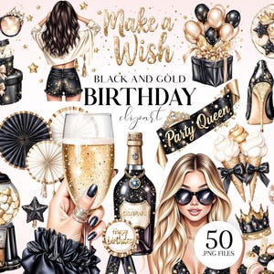 Clipart de aniversário preto e dourado – PNGs de garotas festeiras glamourosas, ilustrações de celebração de luxo para convites e scrapbooking