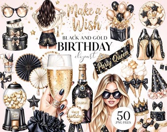 Black and Gold Birthday Clipart – Glam Party Girl PNGs, Luxury Celebration Illustrations for Invites and Scrapbooking