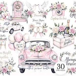May include: Watercolor illustrations featuring wedding-themed elements. Includes a pink vintage car, floral arrangements, balloons, doves, champagne, and text such as "Forever," "Love & Laughter," and "Just Married." The overall color palette is soft pink and white.