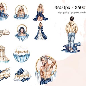 Aquarius Zodiac Clipart, Astrology Water Bearer Clip Art, Celestial Mermaid & Moon Illustrations, Cosmic PNG Bundle, 50 PNG image 4