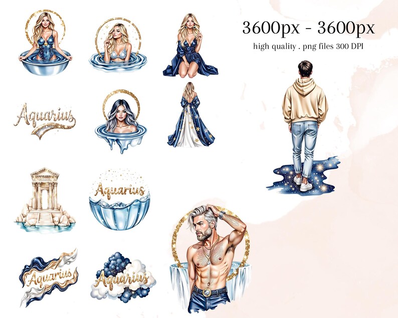 Aquarius Zodiac Clipart, Astrology Water Bearer Clip Art, Celestial Mermaid & Moon Illustrations, Cosmic PNG Bundle, 50 PNG image 4