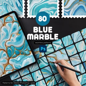May include: 80 Blue Marble seamless patterns for Adobe Photoshop. The image shows a digital tablet displaying a blue and gold marble pattern. The patterns are arranged in a grid on a black background.