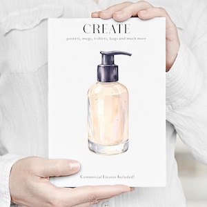 May include: A clear glass bottle with a black pump dispenser, filled with a light-colored liquid. The bottle is featured on a white background with the word "CREATE" and the text "posters, mugs, t-shirts, bags and much more".